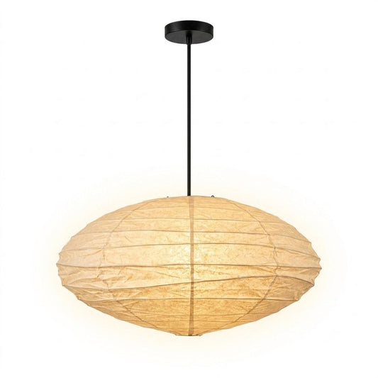 Nordic minimalism style ribbed paper lantern chandelier by Stuber Lighting, vintage oval shape hanging ceiling light fixtures for Japandi living room and bedroom decor.
