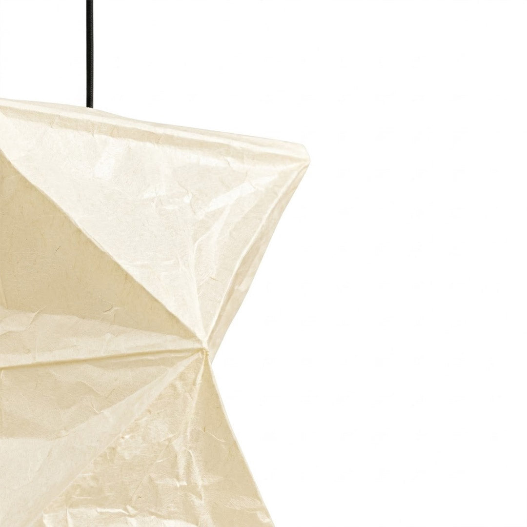 Large Akari L8 style vertical washi paper pendant light, 63 inches tall with accordion folds, emitting a warm ethereal glow.