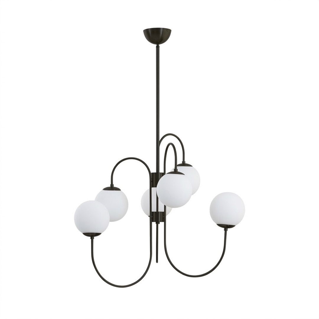 Gooseneck 5-light globe chandelier matte arched arms opal glass