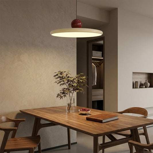 Modern disc pendant light with red sphere accent, minimalist retro LED hanging ceiling lamp by Stuber Lighting