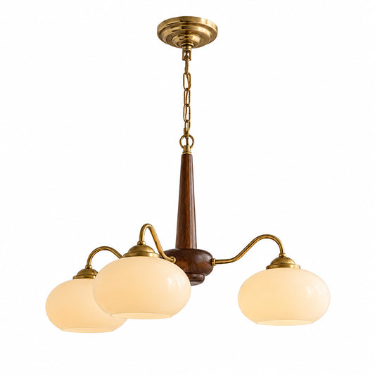 Persimmon 3-light walnut copper finish chandelier opal glass globes white background