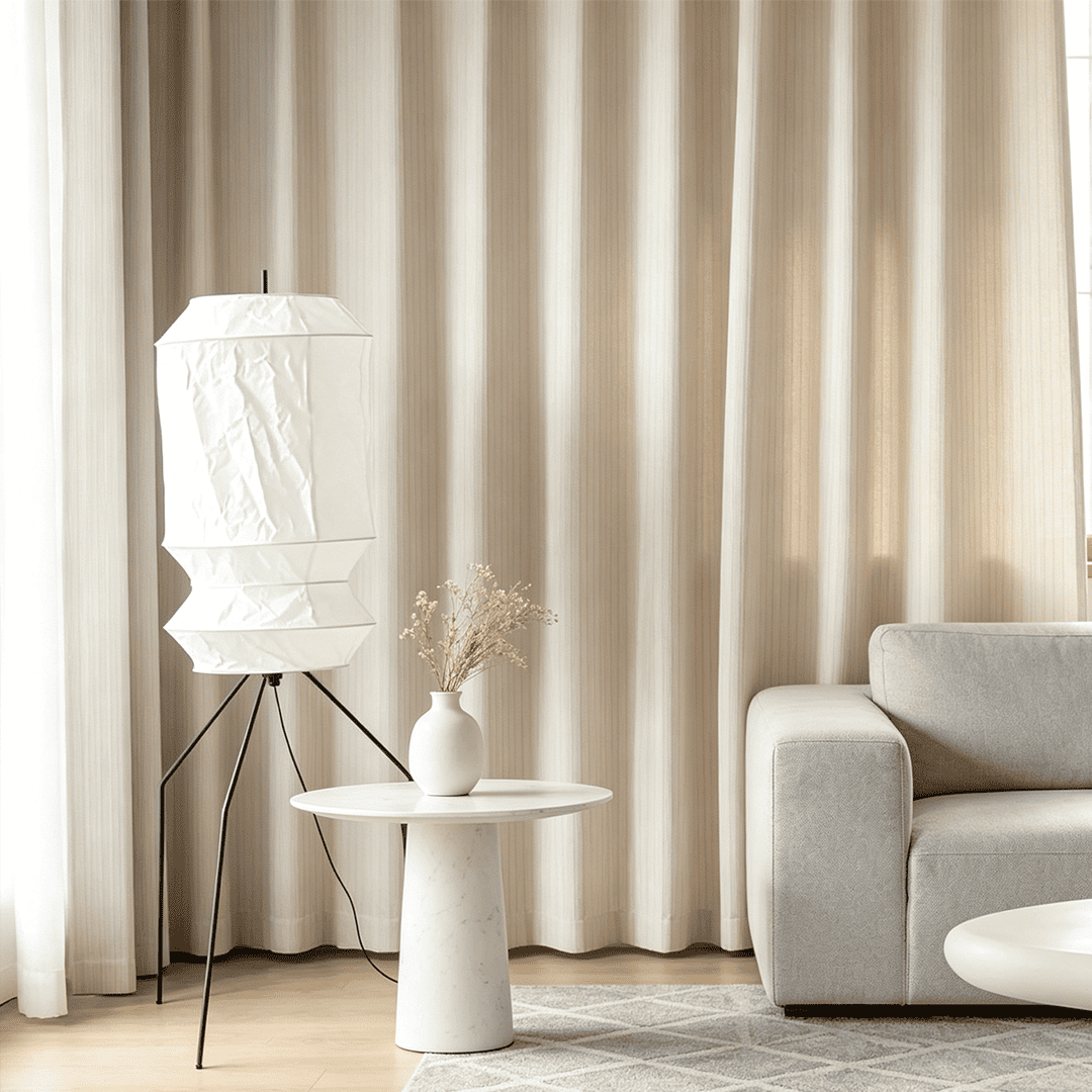 Stuberlighting UF3-L6 handmade Washi paper floor lamp with three-legged metal stand in a minimalist Japandi living room.