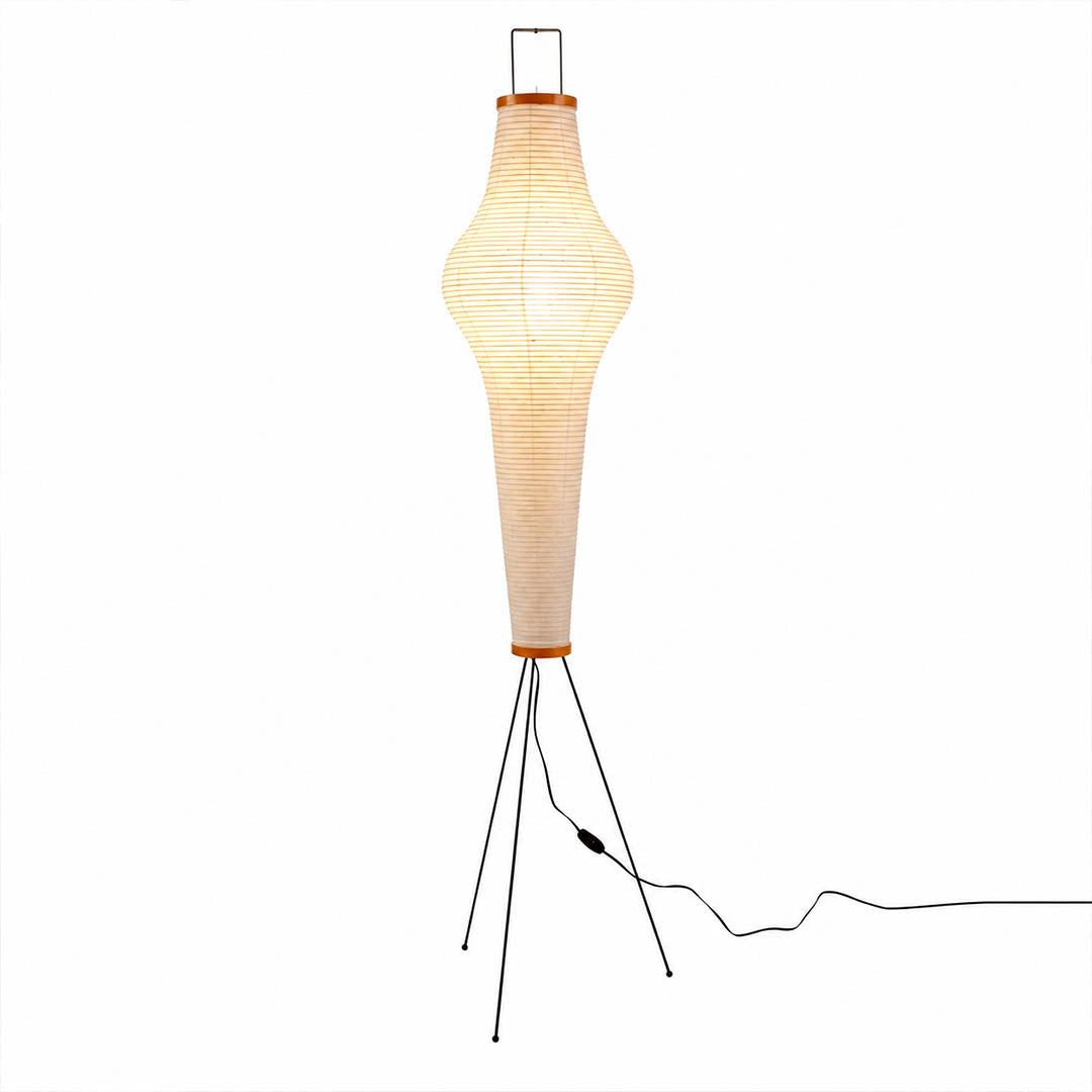 Akari 14A washi paper floor lamp vertical bottle silhouette 63 inch tall handmade Japanese paper Isamu Noguchi design white background