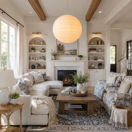 Luxury Japandi living room featuring a multi-light paper globe chandelier cluster over a neutral seating area, styled with warm cream tones and a classic fireplace.