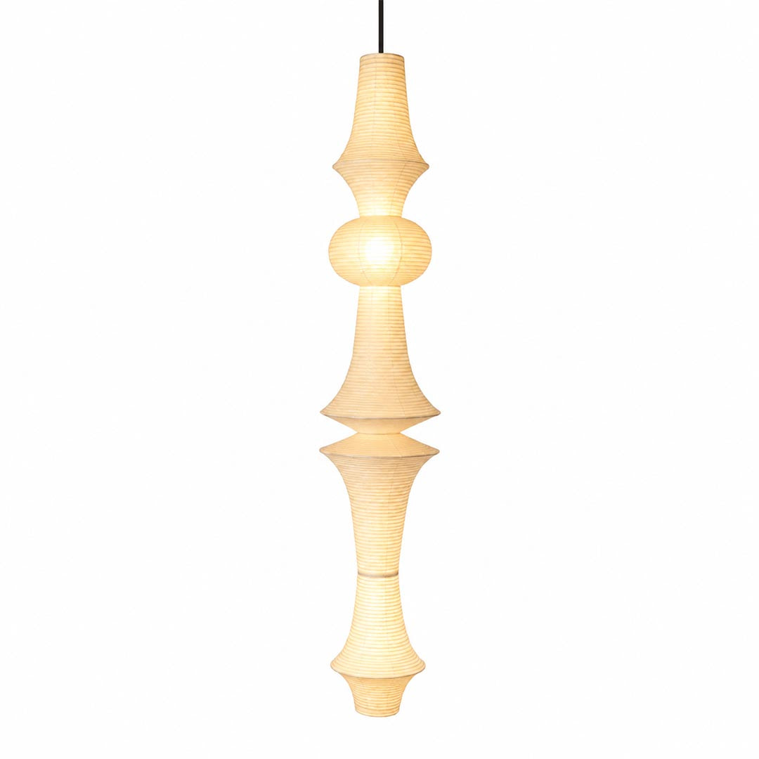 Glowing Akari E-Series Washi paper pendant light in Japandi art deco style - stuberlighting