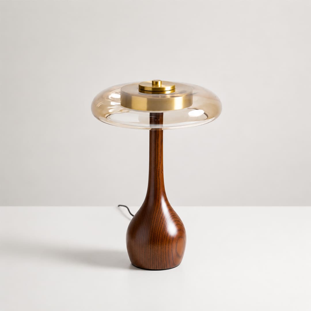 Ambra table lamp tall 12.6 inch walnut wood curved base amber glass shade dome Japandi organic modern bedside compact plug in integrated LED white background