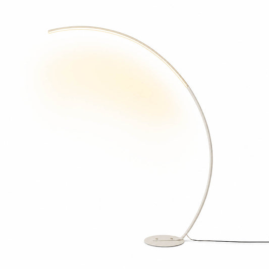 Arco floor lamp modern arc curved overhead reach 47.2 inch wide 66.9 inch tall white metal frame acrylic shade integrated LED minimalist Italian mid century statement sofa living room white background