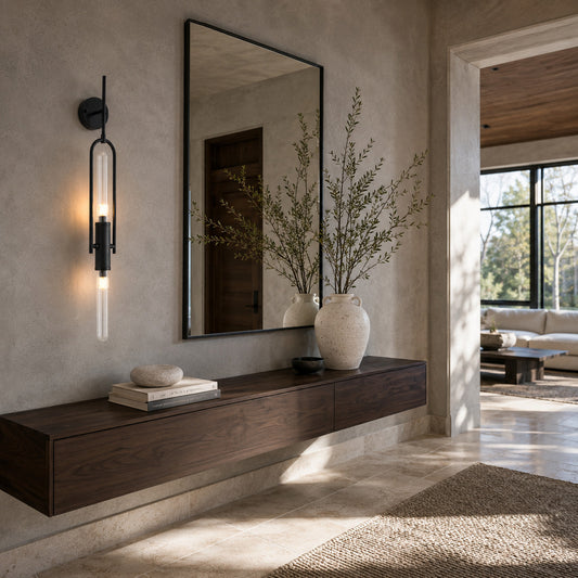 Arco glass wall sconce welcoming guests with a warm arced silhouette above an entry console