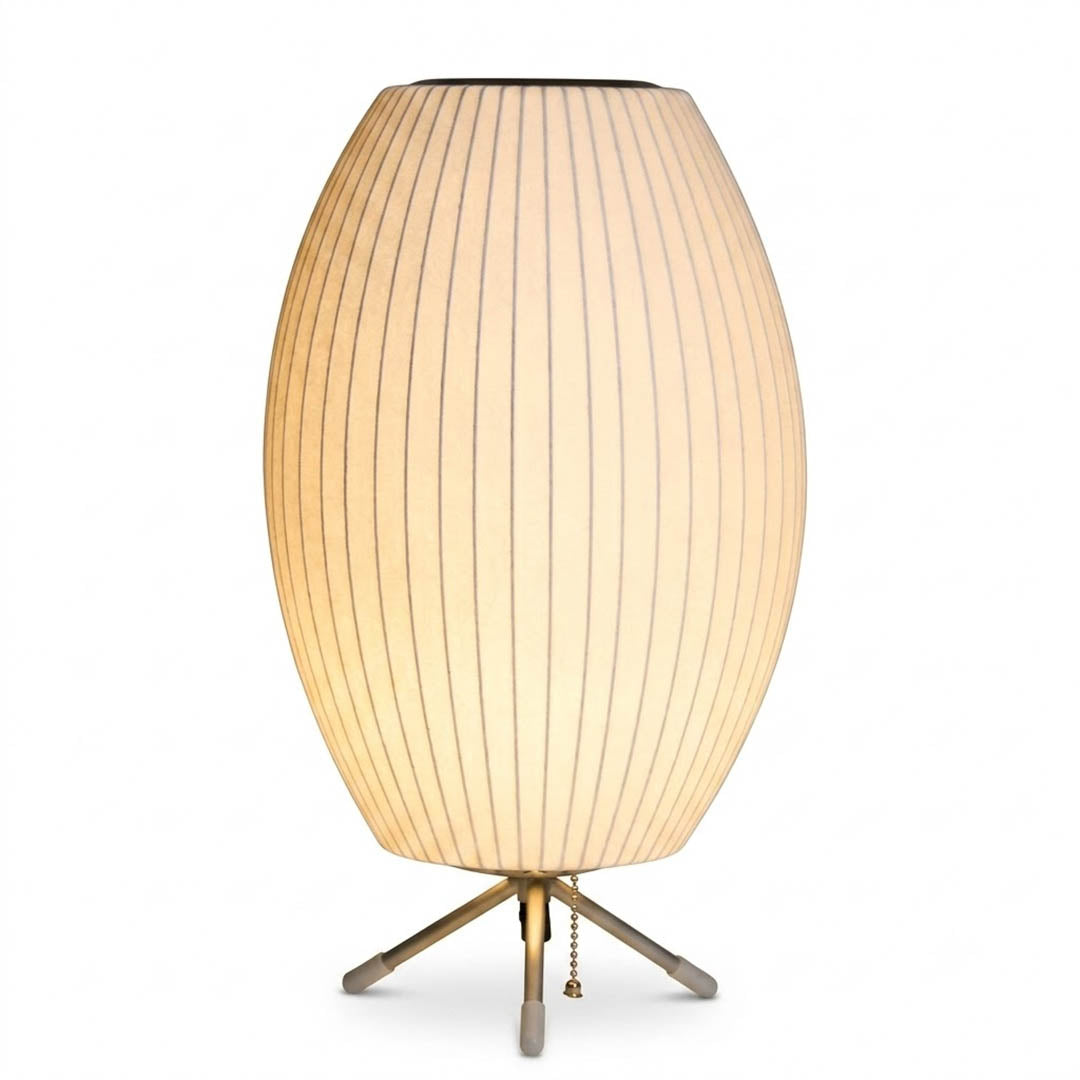 Astrid tripod silk table lamp Model A 18 inch tall metal three legs Japandi Wabi Sabi Scandinavian white silk shade white background