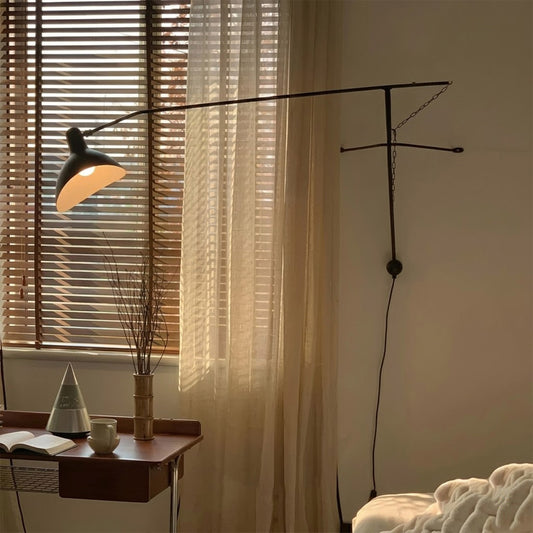 Atria 60 inch long arm wall lamp master bedroom mounted above grand headboard statement architectural matte black