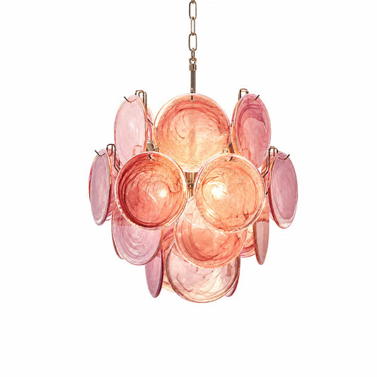 Aurora iridescent disc Murano glass chandelier 18 inch pink rose romantic nickel silver frame hand blown Italian layered swirling pigment kaleidoscopic modern feminine sculptural white background
