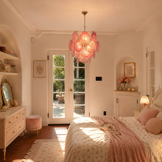 Aurora pink rose iridescent Murano disc chandelier modern bedroom feminine romantic nickel silver contemporary sculptural warm glow lifestyle interior