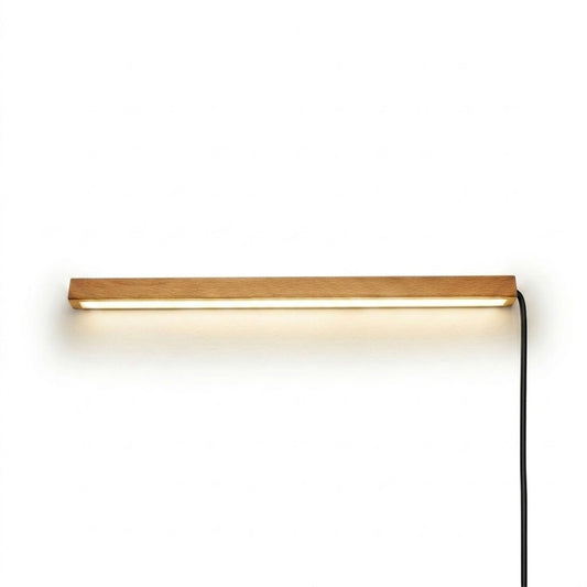 Beam wood linear LED wall light above bed headboard bedroom warm light japandi interior