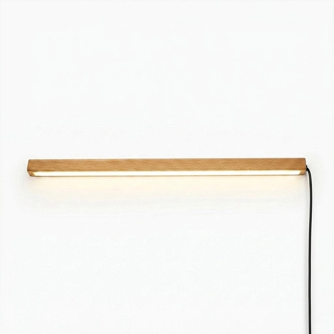 Beam wood linear LED wall light above bed headboard bedroom warm light japandi interior