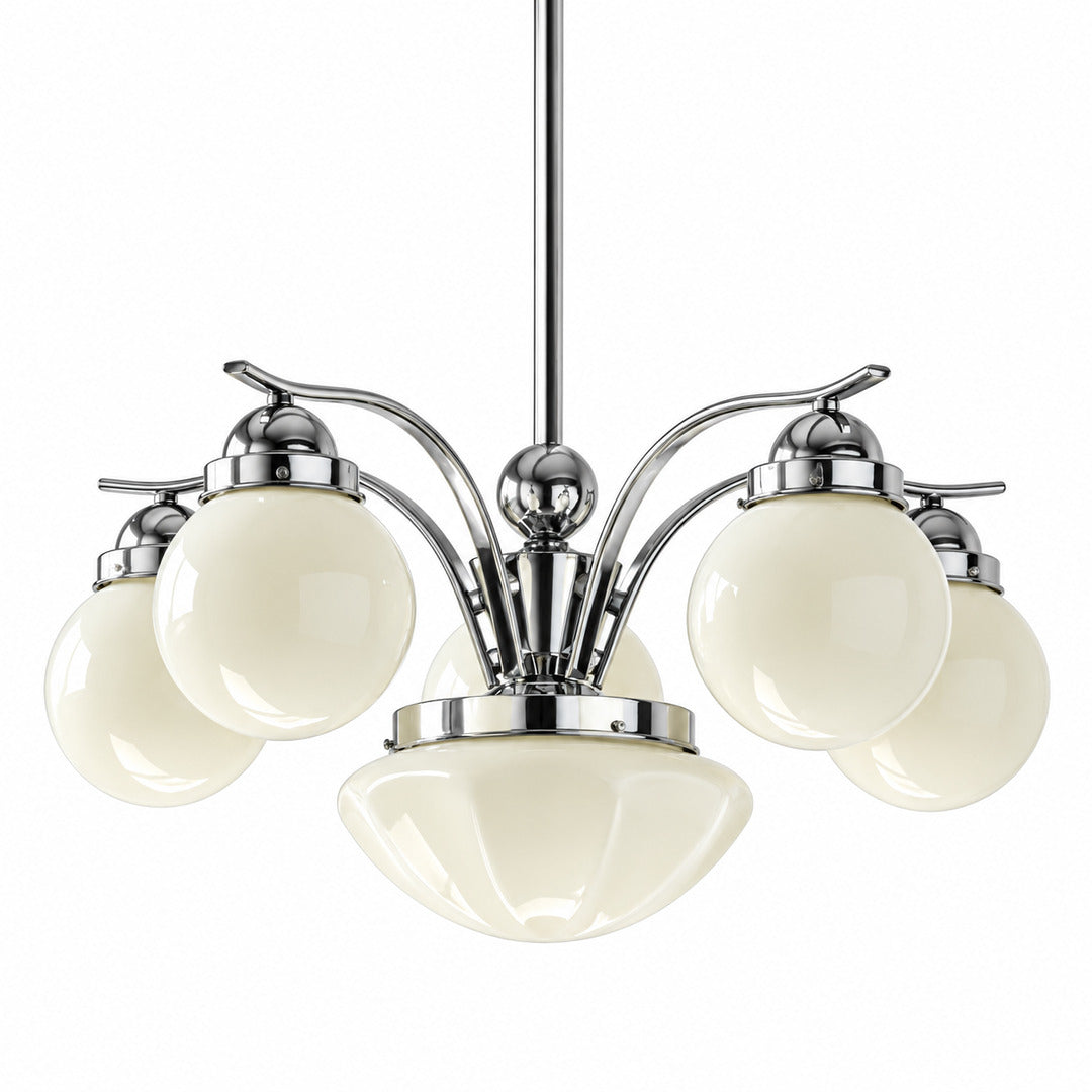 Six-light chrome and beige Bolla globe glass chandelier in a spacious dining room