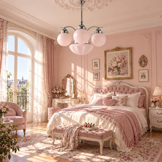 Bolla globe glass chandelier adding a soft warm glow above a modern bedroom