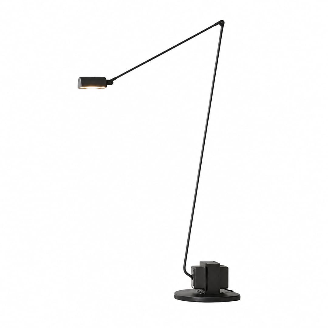 Braccio floor lamp black Italian swing arm rotating diffuser cylindrical base 35.8 inch retro industrial reading accent painted iron integrated LED white background