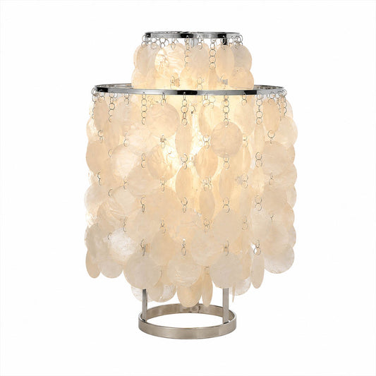 Brisa FUN style shell cluster table lamp Chrome polished silver 12 inch spherical Capiz cluster metal base Coastal Mid Century designer natural shells white background