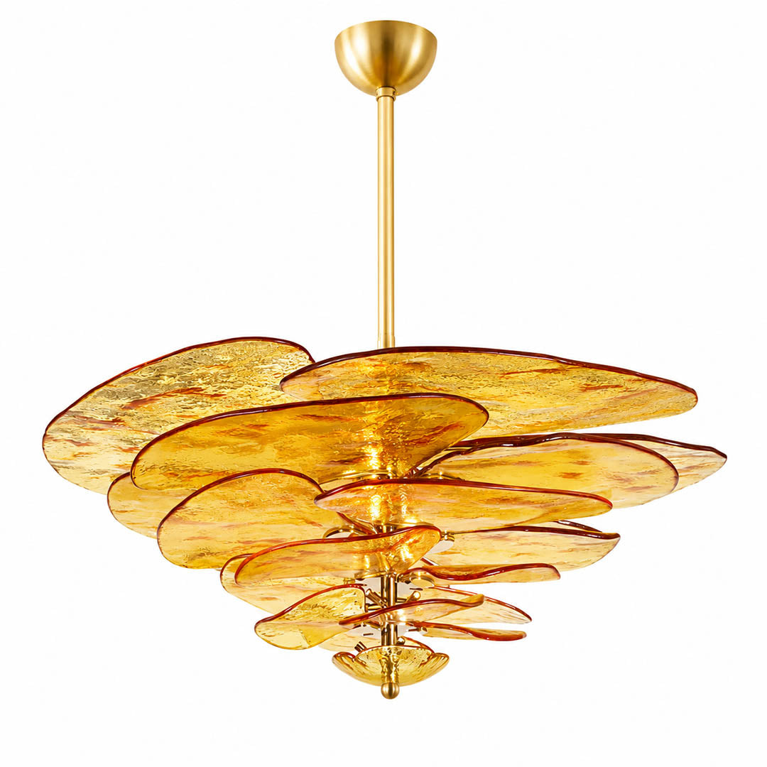 Calanthe petal bloom Murano glass chandelier medium 32 inch 16 light verdant sage green polished gold Italian hand blown flower form botanical modern white background