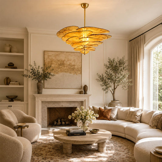 Calanthe medium 16 light clear Murano petal chandelier living room mid century modern luxury walnut leather Italian polished gold warm glow lifestyle interior