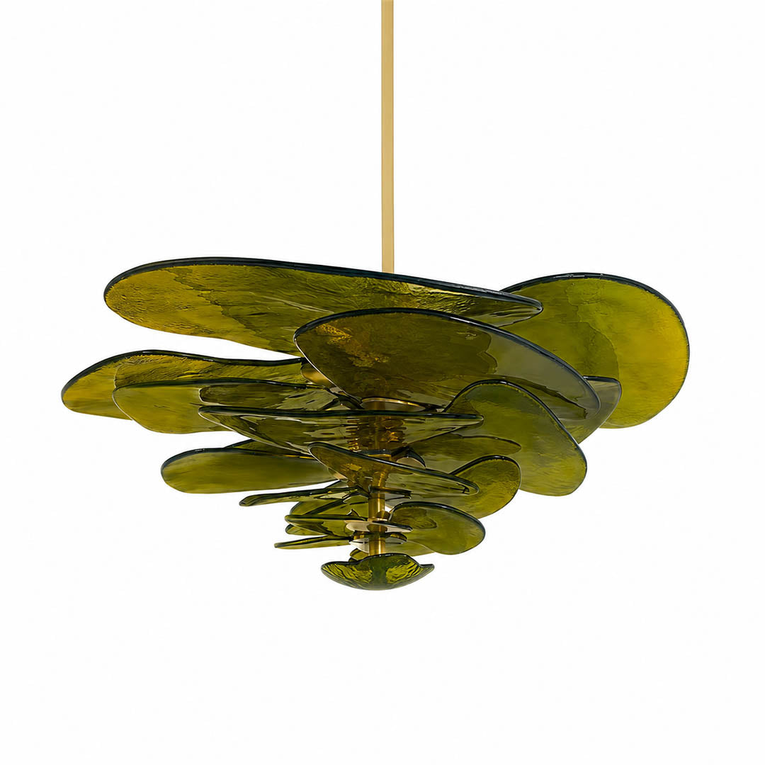 Calanthe petal bloom Murano glass chandelier large 35 inch 20 light Green grand statement polished gold Italian hand blown flower form modern art deco mansion white background