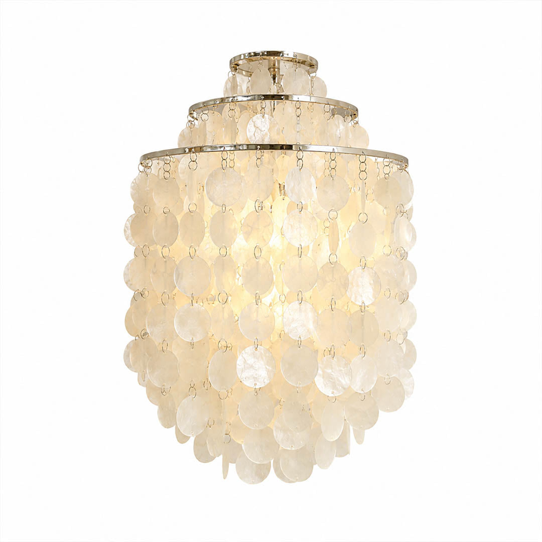 Calia FUN WM style shell wall sconce Chrome 15 inch large statement Mid Century designer Verner Panton Capiz shells half moon wall mount white background