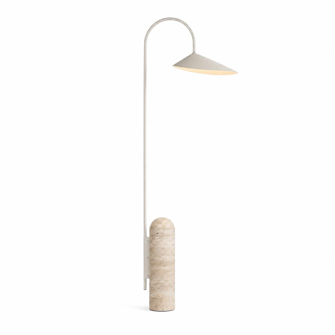 Calla floor lamp beige adjustable calla lily aluminum shade marble base minimalist art deco arched reading white background front view