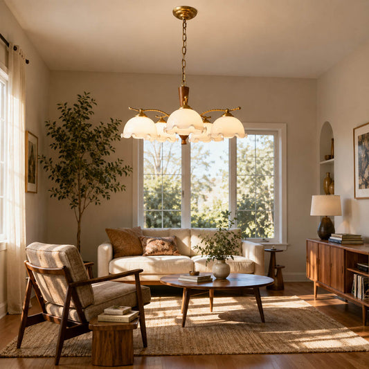 Cora 5 light copper walnut chandelier transitional dining room mid century furnishings vintage modern fusion warm interior