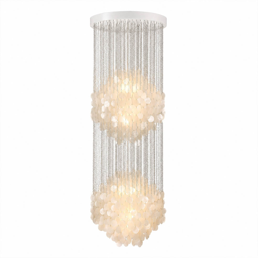 Coralia FUN tall style staircase shell chandelier 5DM 24 inch diameter 76 inch height 6 foot Mid Century designer Capiz shell tribute narrow vertical waterfall white background