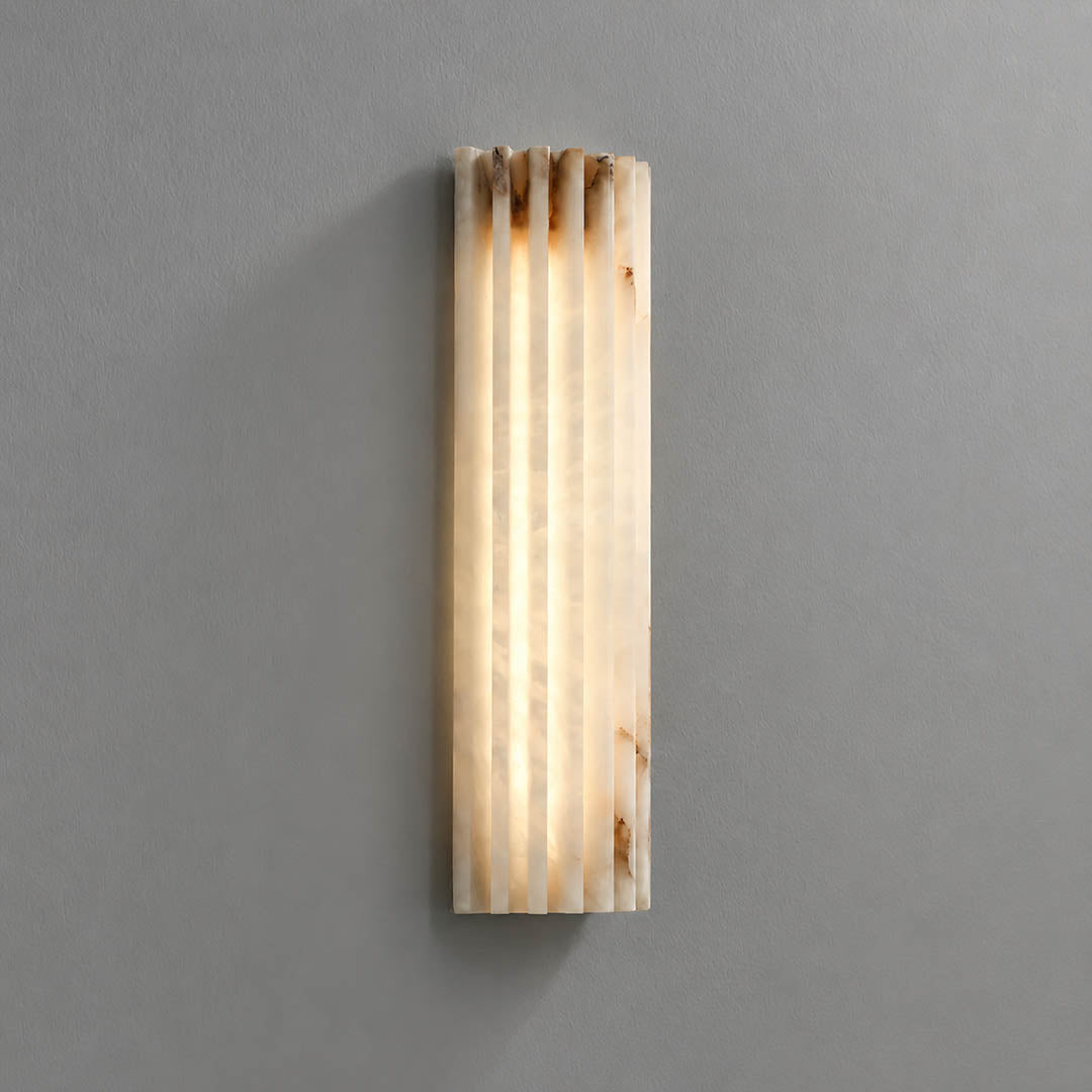 Costa ribbed alabaster wall light large tall natural stone ribbed sconce white statement white background front view
