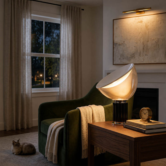 Cupola table lamp large silver modern living room console side table mushroom dome sculptural mid century Castiglioni inspired warm indirect ambient statement lifestyle interior