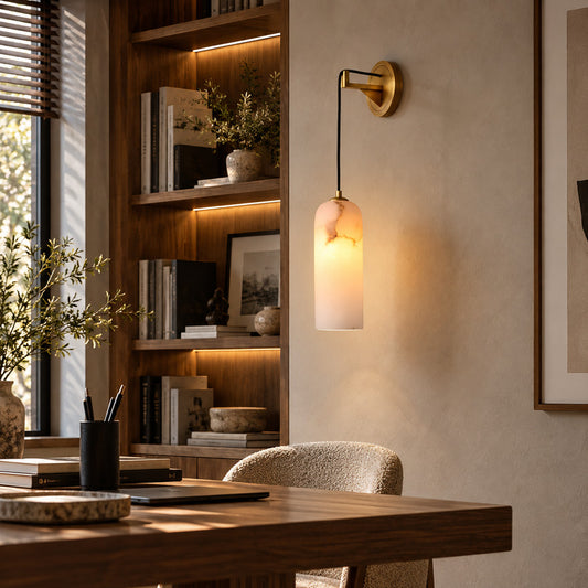 Dischetto alabaster wall sconces adding warm compact accents along an upscale restaurant wall