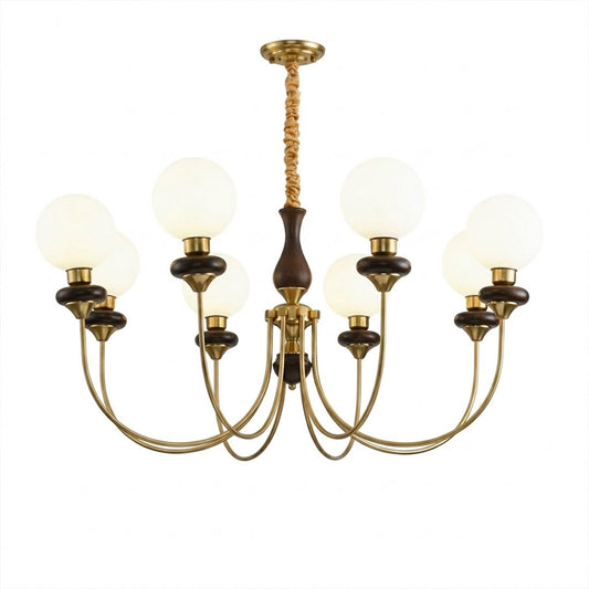 Estelle wood glass chandelier above dining table warm Edison filament glow French farmhouse interior