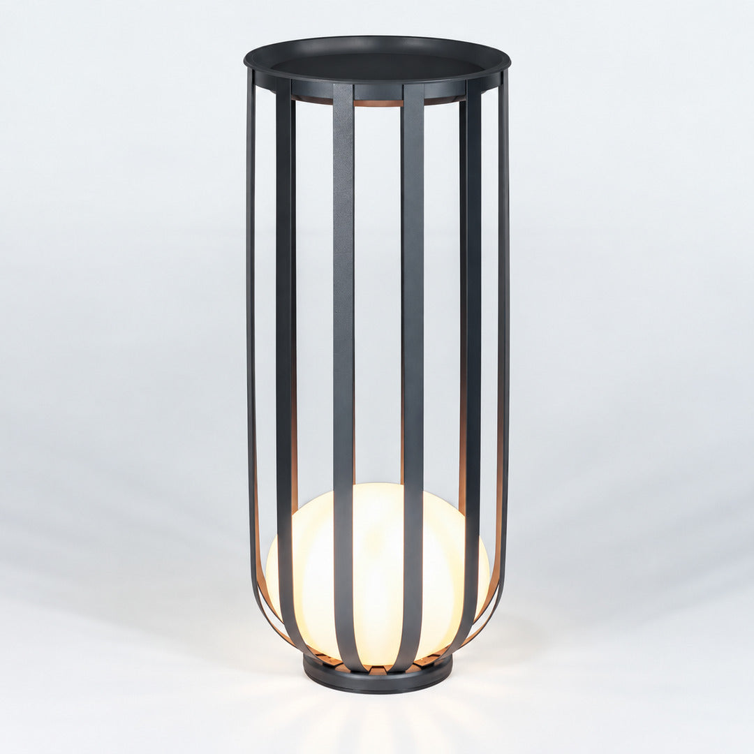 Tall 37.4-inch hardwired Faceta outdoor garden light as a floor lantern beside a patio seat