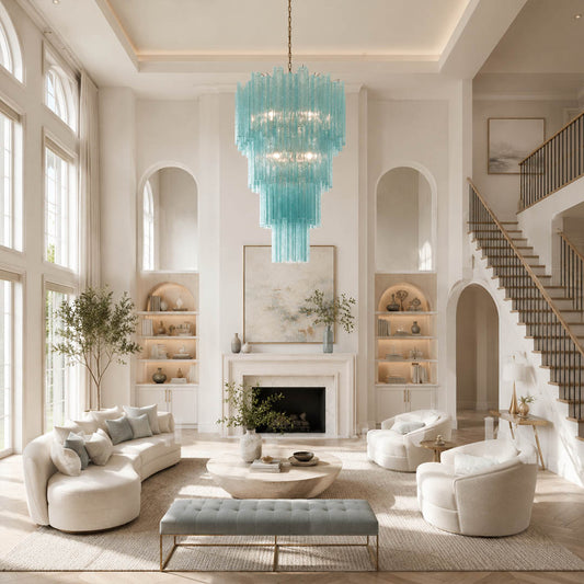 Fiora yellow Murano glass tube chandelier grand foyer loft double height statement modern Italian sculptural contemporary nickel warm glow lifestyle interior