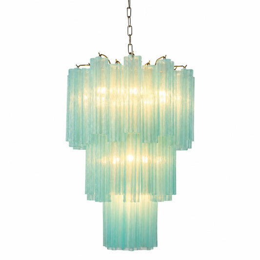 Fiora Murano glass tube chandelier 26 inch blue ocean hand blown Italian vertical tubes nickel silver frame modern statement sculptural contemporary Italian coastal white background