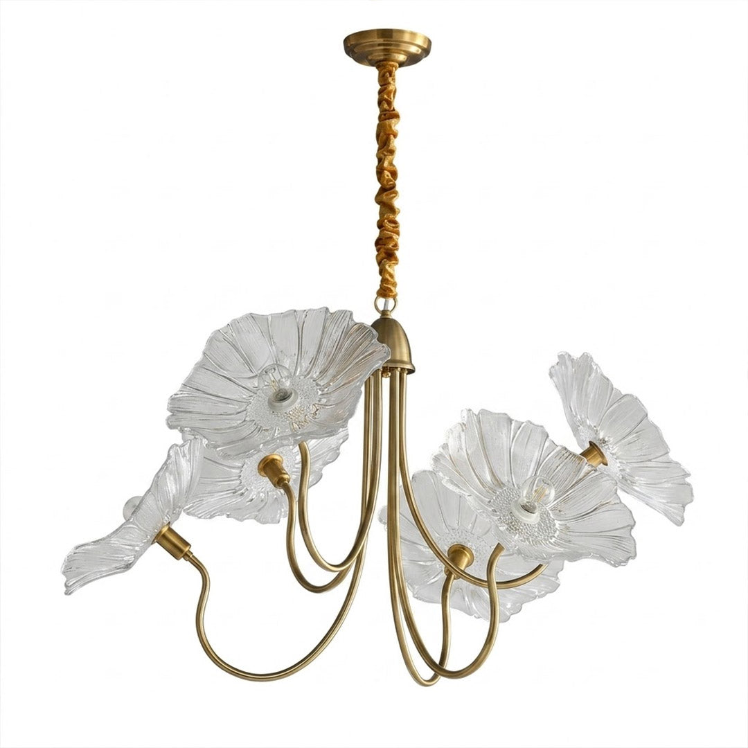 Fleur glass flower chandelier 3 light gold and clear hand blown frosted petals brass frame 35 inch white background