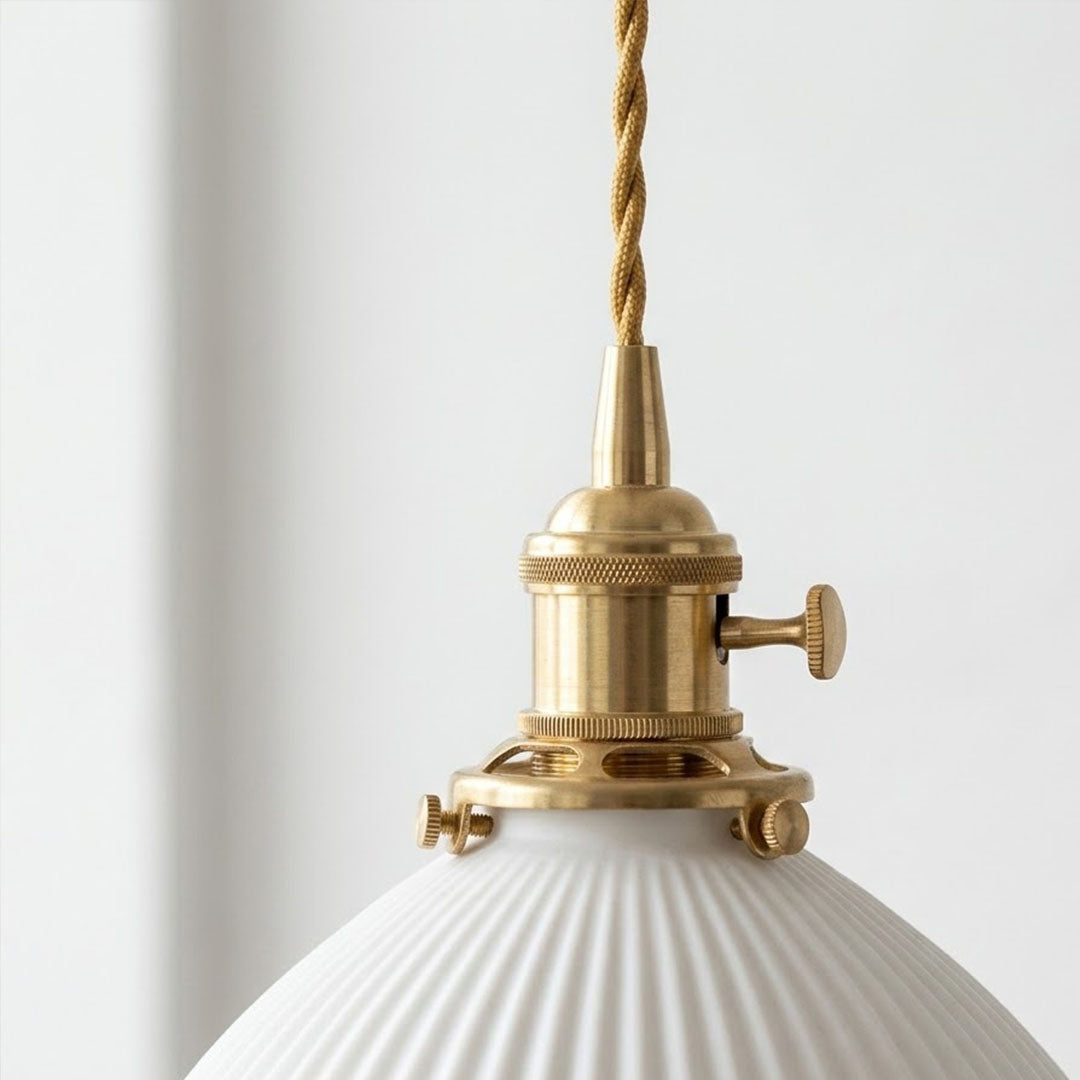 Freya pleated ceramic shade close up matte finish vertical folds handcrafted detail Nordic craftsmanship quality material