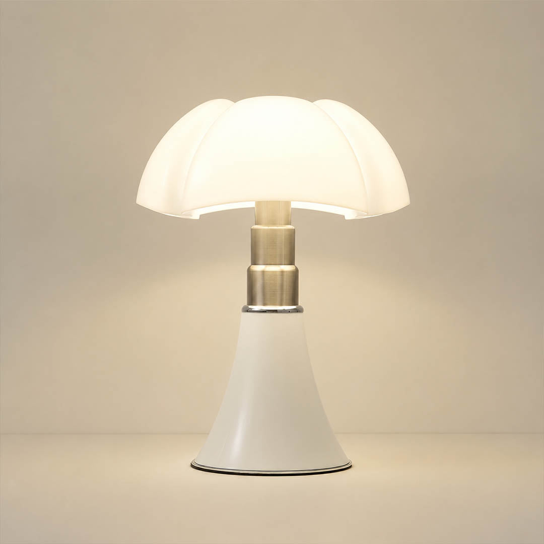 Fungo table lamp small size 11.2 inch white mid century modern mushroom bat wing acrylic shade sculptural touch dimmer bedside designer icon white background