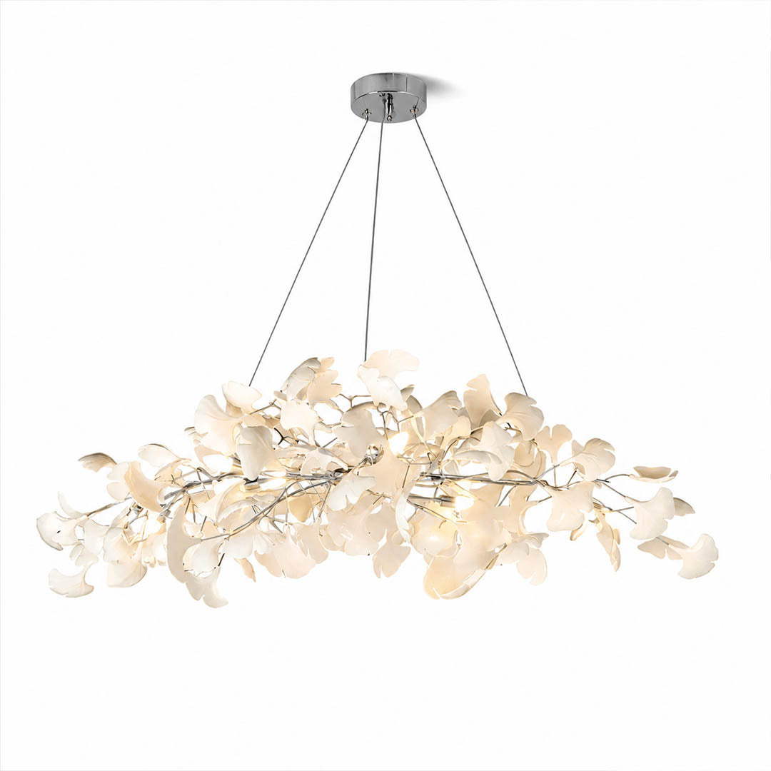 Gingko Chandelier Style A Model B alternative arrangement handcrafted porcelain light sculpture 59 inch rectangular volume ceramic ginkgo leaves Rose Gold frame 12 G9 sockets modern statement grand dining kitchen sculptural white background