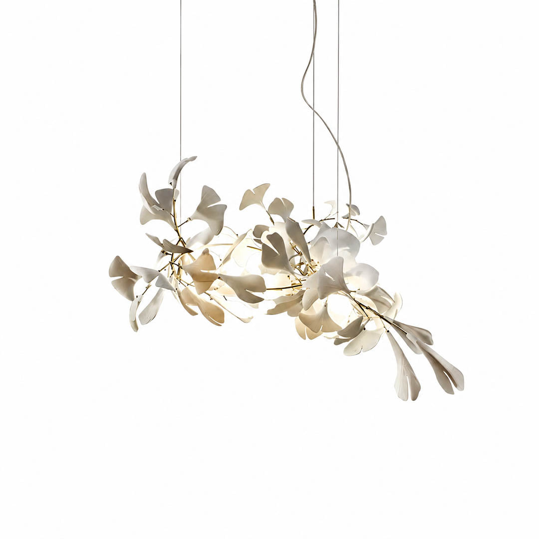 Gingko Chandelier Style B Model C uniform height linear 47.2 inch handcrafted porcelain ginkgo leaves Rose Gold frame ceramic 10 G9 sockets modern statement grand dining kitchen bedroom bar counter white background