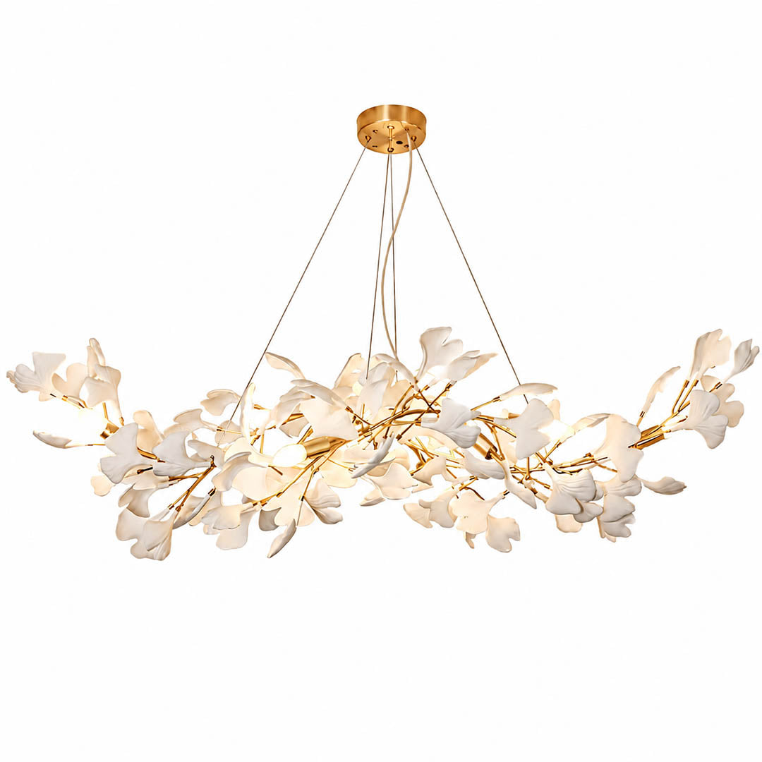 Gingko Chandelier Style C Model C linear vertical drop cascade 59 inch 59 tall handcrafted porcelain ginkgo leaves Rose Gold frame ceramic 12 G9 sockets modern mid century art deco flagship statement double height foyer atrium hospitality white background