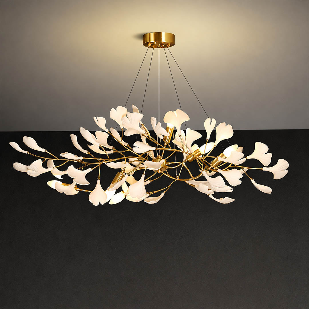 Gingko Chandelier Style C Model B shallow flat linear 43.3 inch handcrafted porcelain ginkgo leaves Rose Gold frame ceramic 6 G9 sockets modern mid century art deco compact dining kitchen residential white background