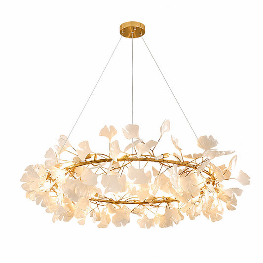 Gingko Chandelier Style D Model A classical radial round drum 23.6 inch handcrafted porcelain ginkgo leaves Rose Gold frame ceramic 6 G9 sockets modern mid century residential dining foyer white background