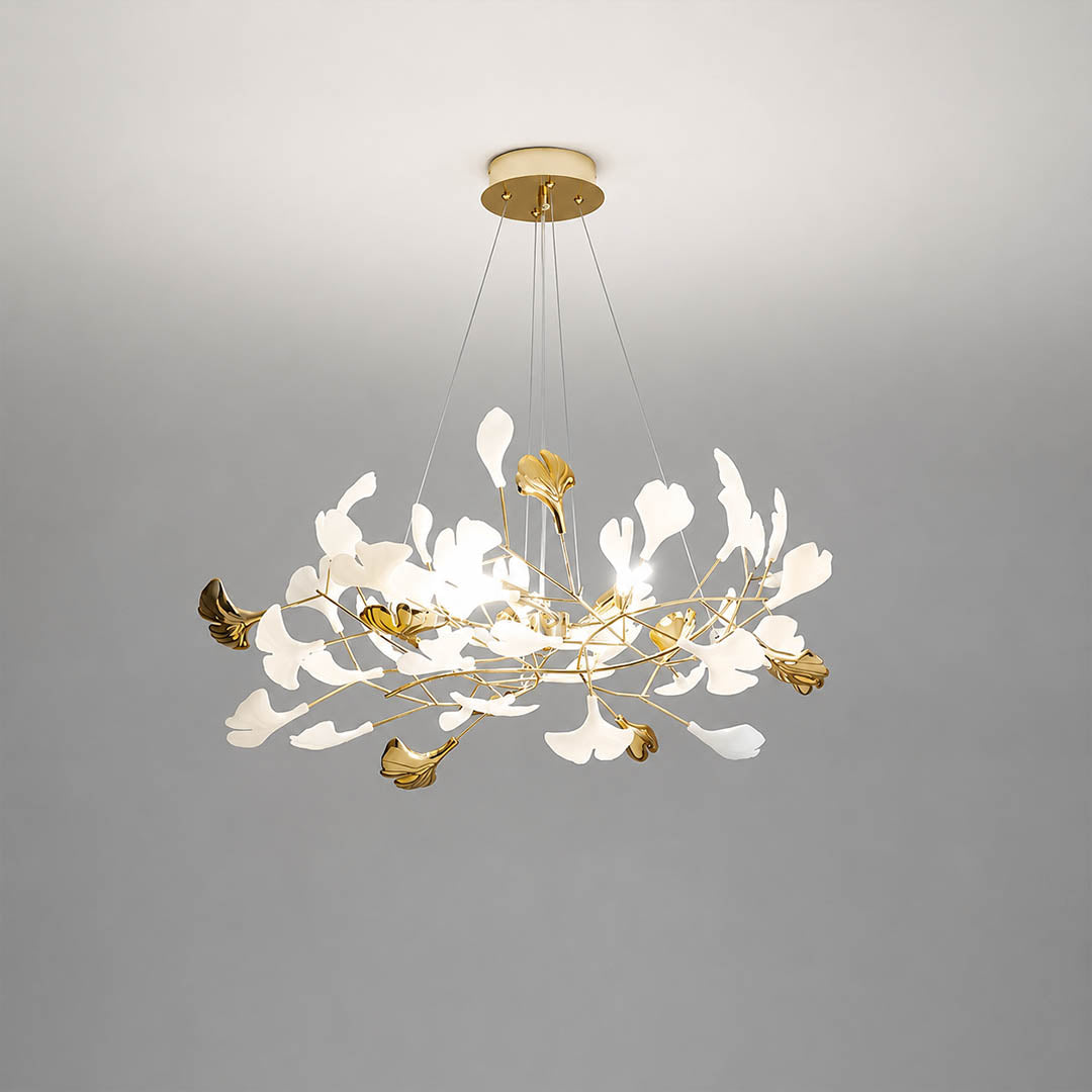 Gingko Chandelier Style F Rose Gold metal frame polished sophisticated warm pink gold finish detail close up architectural