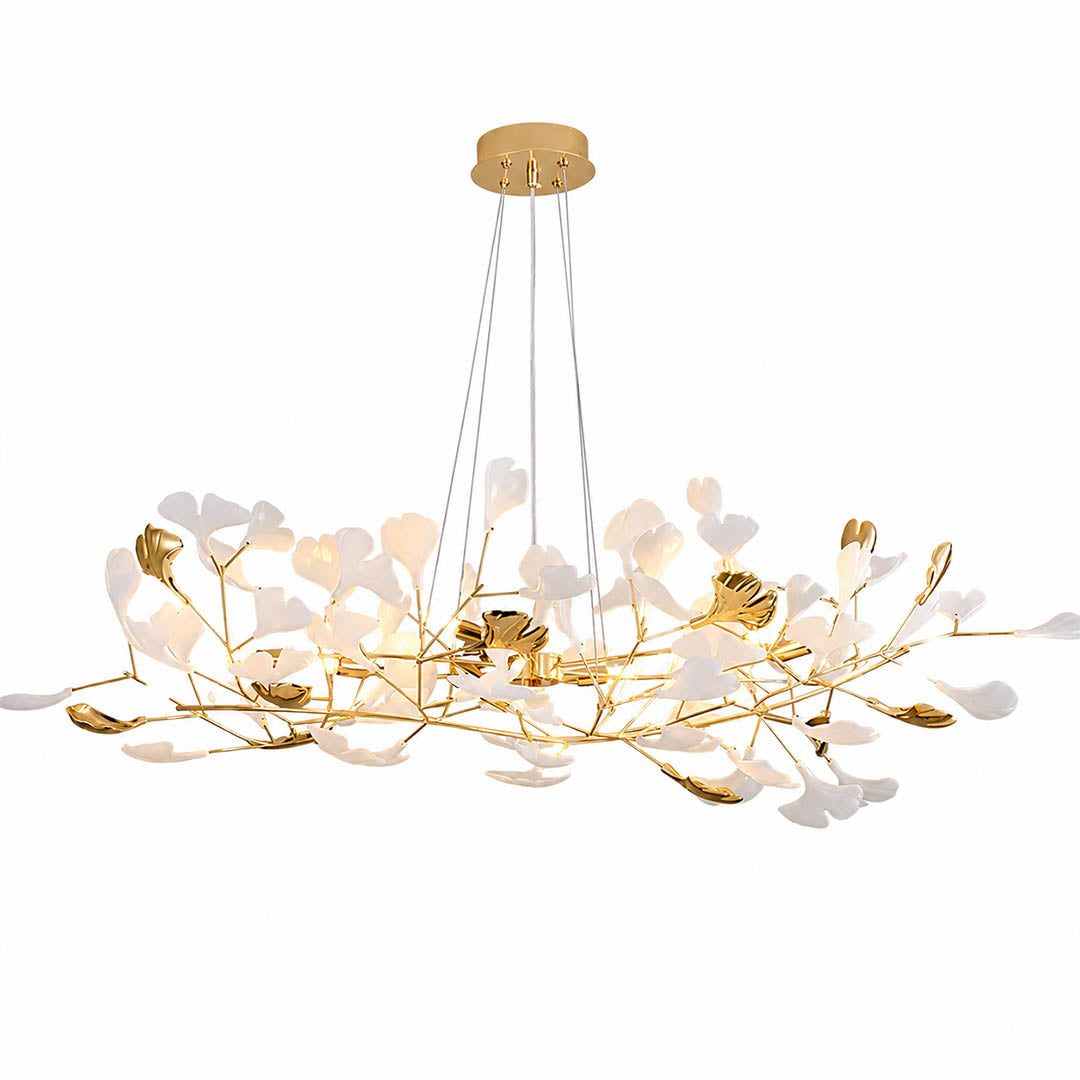 Gingko Chandelier Style F Model C proportional 59.1 inch handcrafted porcelain ginkgo leaves Rose Gold frame ceramic 8 G9 sockets modern mid century statement dining hospitality flagship white background