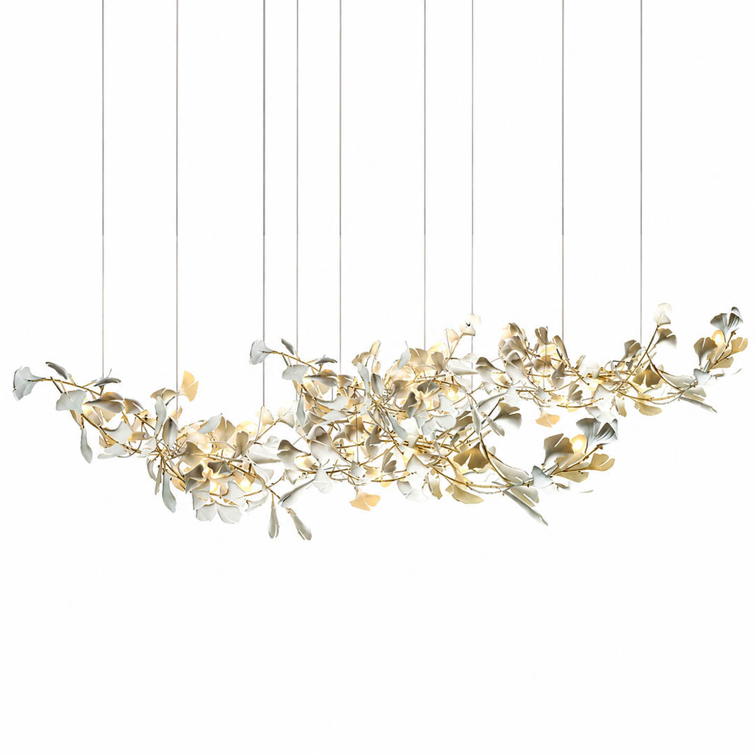 Gingko Chandelier Style H rectangular volume 118.1 inch handcrafted porcelain ginkgo leaves Rose Gold frame ceramic E12 candelabra modern mid century 12 seat banquet formal dining commercial statement white background
