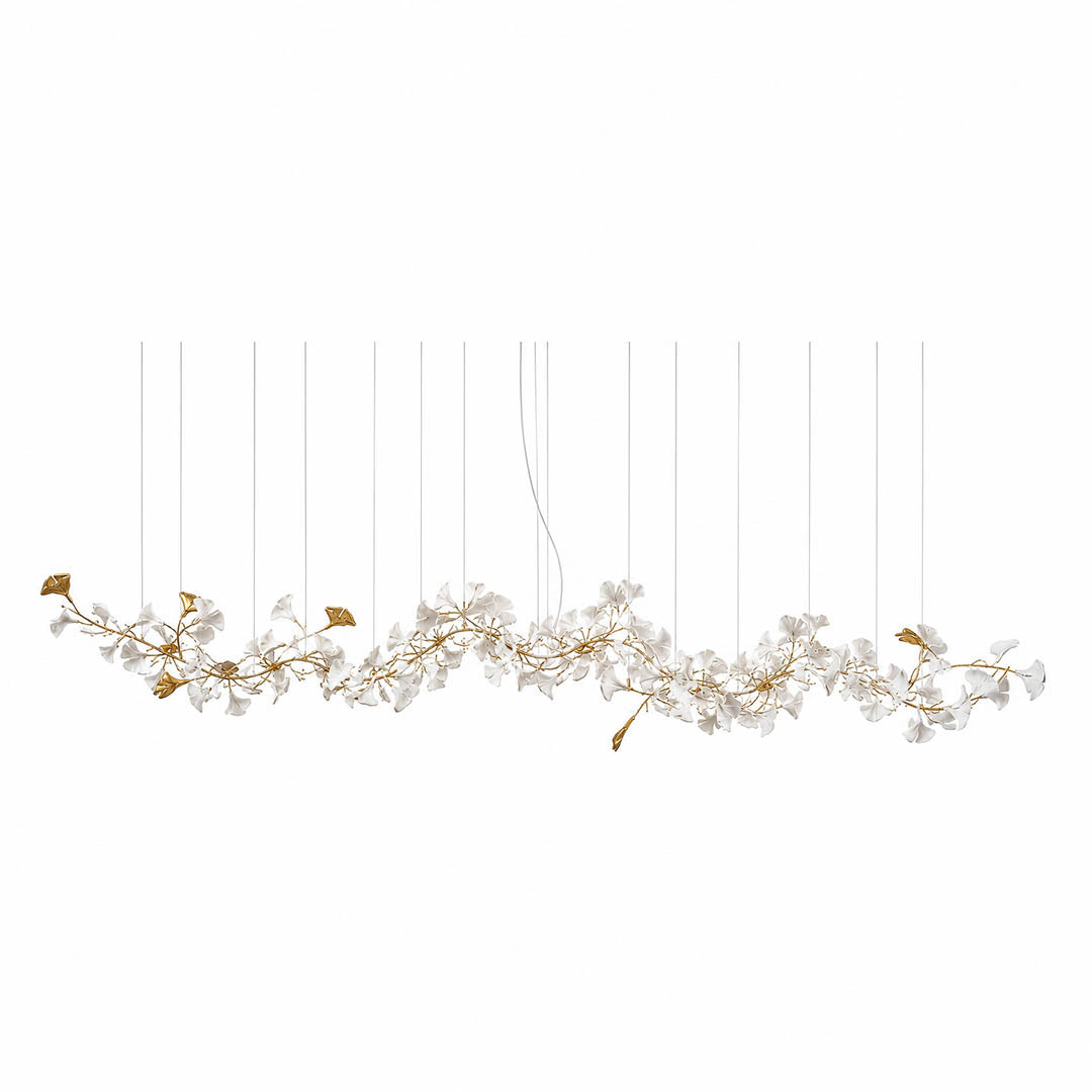 Gingko Chandelier Style J mega flagship 372 inch 31 feet handcrafted porcelain ginkgo leaves Rose Gold frame ceramic 71 E12 candelabra sockets architectural sculptural mid century grand atrium mega hotel lobby commercial white background