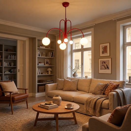 Gran Finale glass chandelier as a bold clustered centerpiece in a modern living room