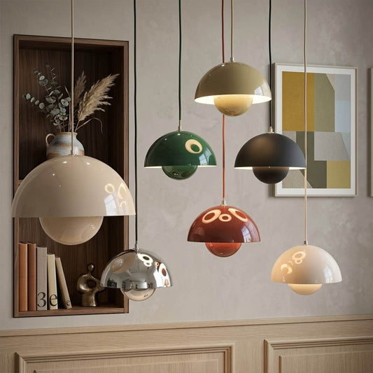Halo pendant light eight colors white black beige chrome green blue scarlet yellow lineup